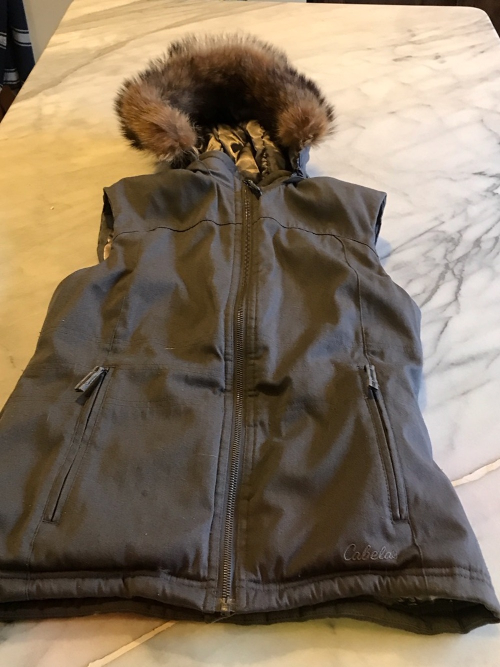 Cabela's Gray Hooded Puffer Vest with Faux Fur Trim